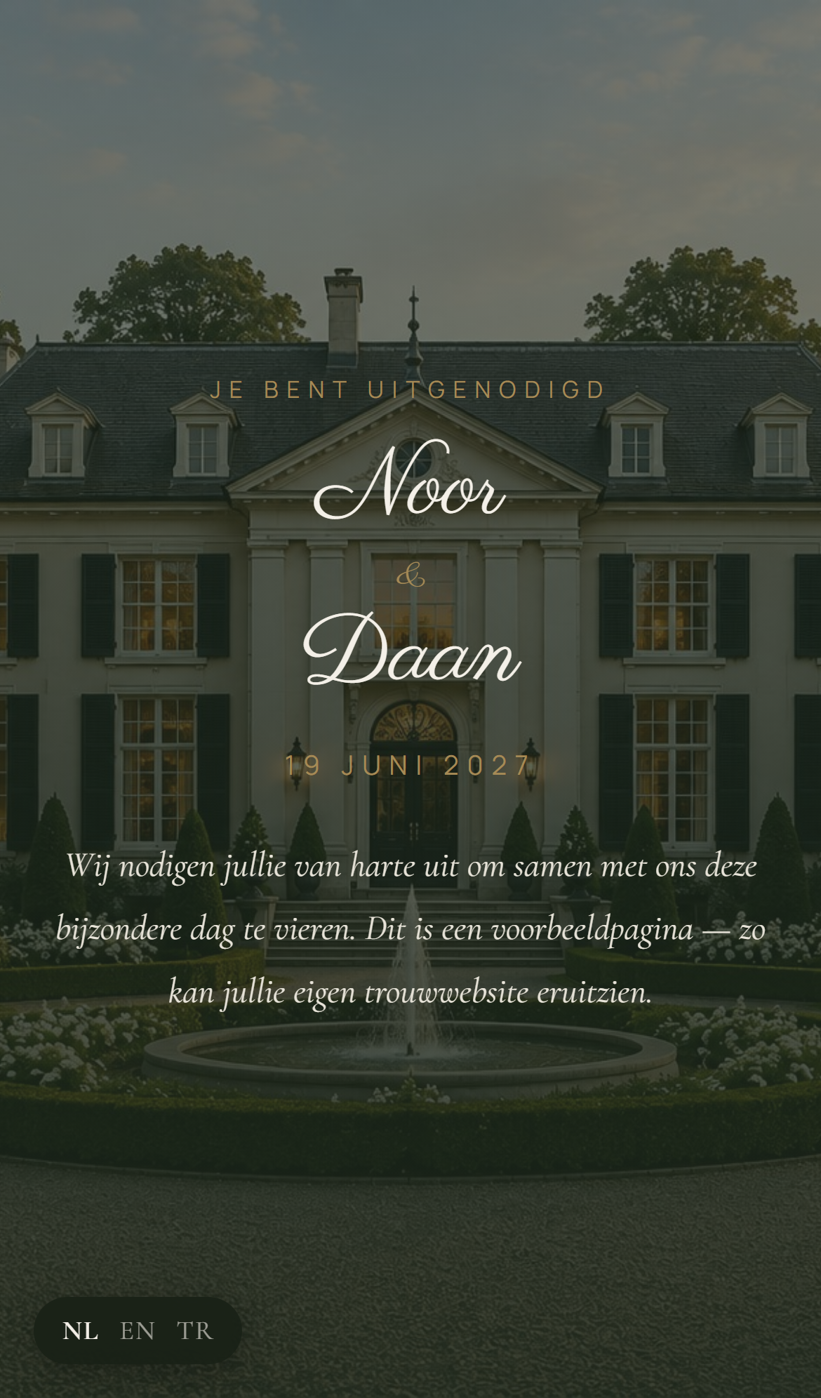 Voorbeeld van een L'invito-trouwwebsite op een telefoon